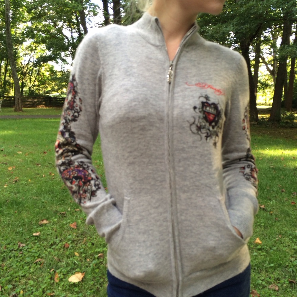 Ed Hardy Gray Zip Up Jacket with Vibrant Floral Accents
